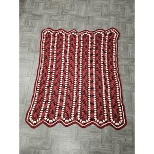 Handmade Knit Throw Blanket 50x60 Red White Striped Vintage Retro Afghan Cozy